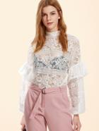 Romwe White High Neck Ruffle Trim Floral Lace Top