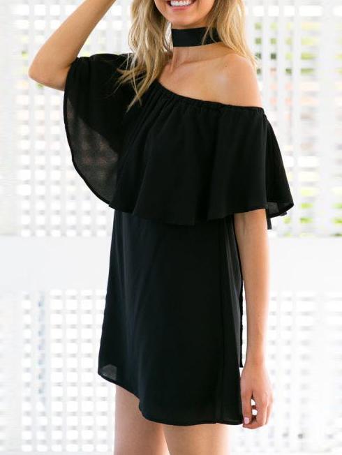 Romwe Ruffled Off-the-shoulder Chiffon Dress - Black
