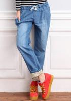 Romwe Drawstring Waist Bleached Denim Pant