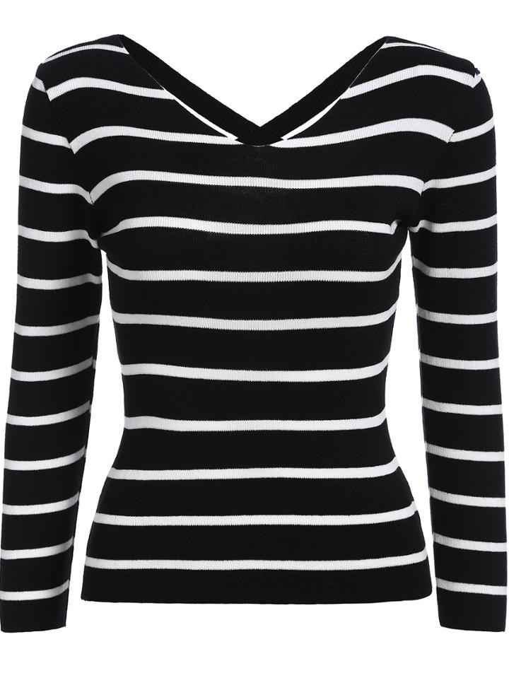 Romwe Cross Back Striped Slim Sweater