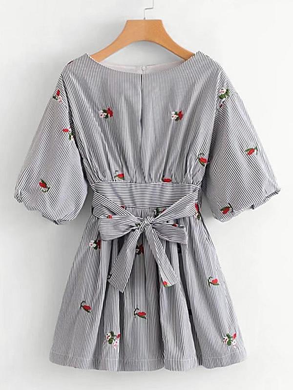 Romwe Embroidery Detail Self Tie Striped Dress