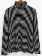 Romwe High Neck Striped Black T-shirt