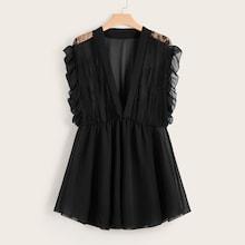 Romwe Plus Contrast Lace Ruffle Plunge Mini Dress