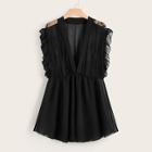Romwe Plus Contrast Lace Ruffle Plunge Mini Dress