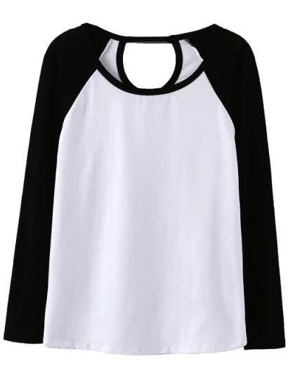 Romwe Contrast Sleeve Hollow Black T-shirt