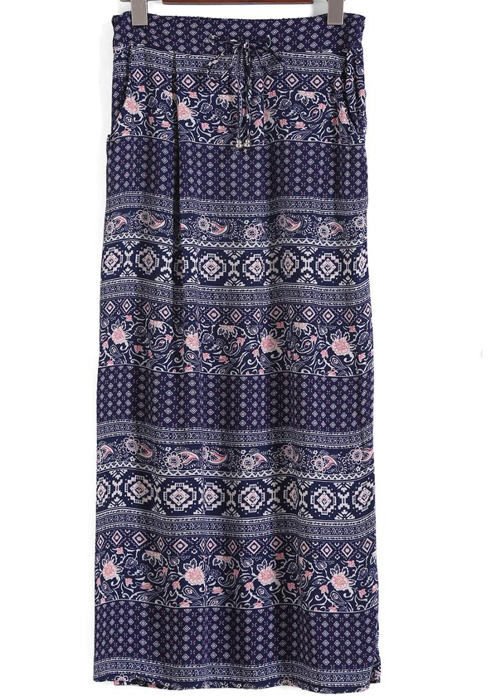 Romwe Drawstring Waist Floral Navy Skirt
