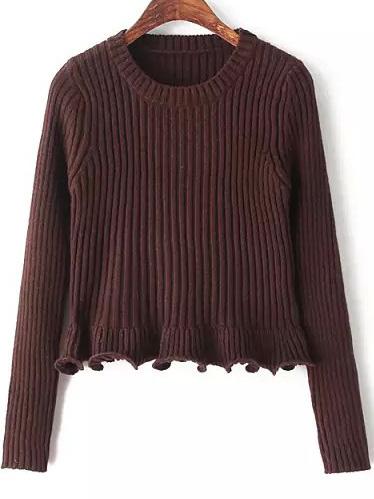 Romwe Round Neck Fungus Hem Coffee Sweater