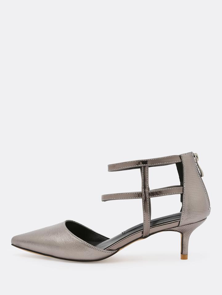 Romwe Metallic Bronze Strappy Pointed Toe Bakc Zip Pumps