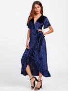 Romwe Frill Trim Surplice Wrap Crushed Velvet Dress