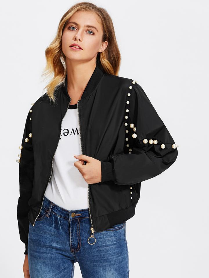 Romwe Pearl Beaded Zip Up Jacket