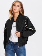 Romwe Pearl Beaded Zip Up Jacket