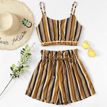Romwe Single Breasted Striped Cami With Drawstring Waist Shorts