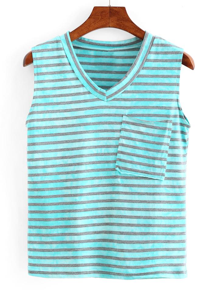 Romwe V-neck Striped Tank Top - Blue