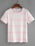 Romwe Pink Strip Roll Sleeve T-shirt
