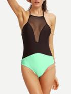 Romwe Contrast Mesh Insert One-piece Swimwear - Black