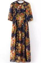 Romwe Navy Vintage Key Print Pleated Maxi Dress
