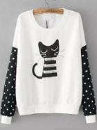 Romwe Cat Print Contrast Lace Dotted White Sweatshirt