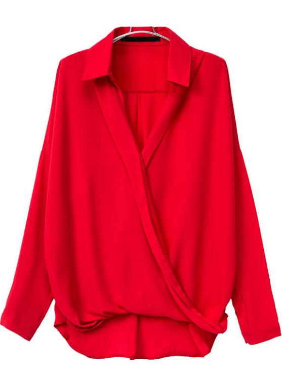 Romwe Asymmetrical Wrap Front Red Blouse