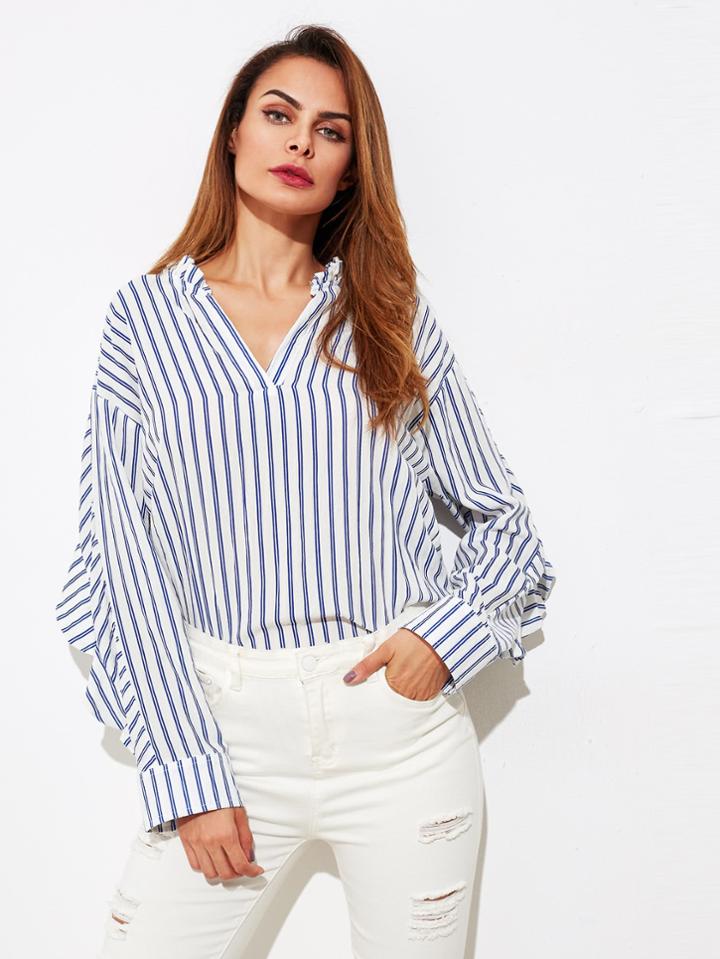 Romwe V-neckline Vertical Striped Blouse