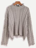 Romwe Grey Drop Shoulder Cable Knit Frayed Sweater