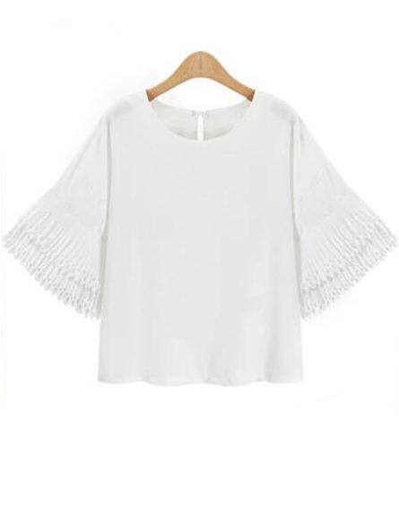 Romwe White Bell Sleeve Buttoned Keyhole Back Chiffon Blouse