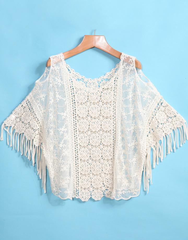 Romwe With Tassel Lace Crochet Loose Blouse