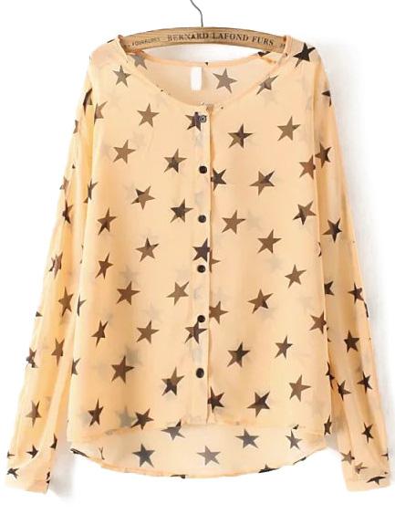 Romwe Dip Hem Star Print Apricot Top