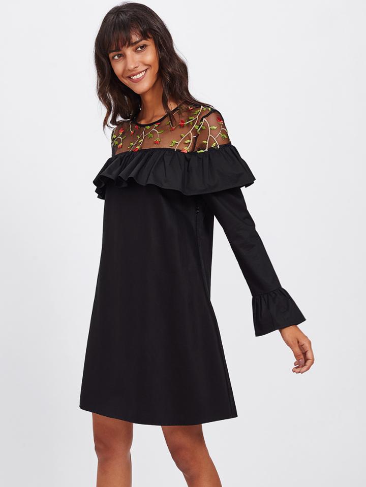 Romwe Embroidered Mesh Yoke Flounce Trim Bell Cuff Dress