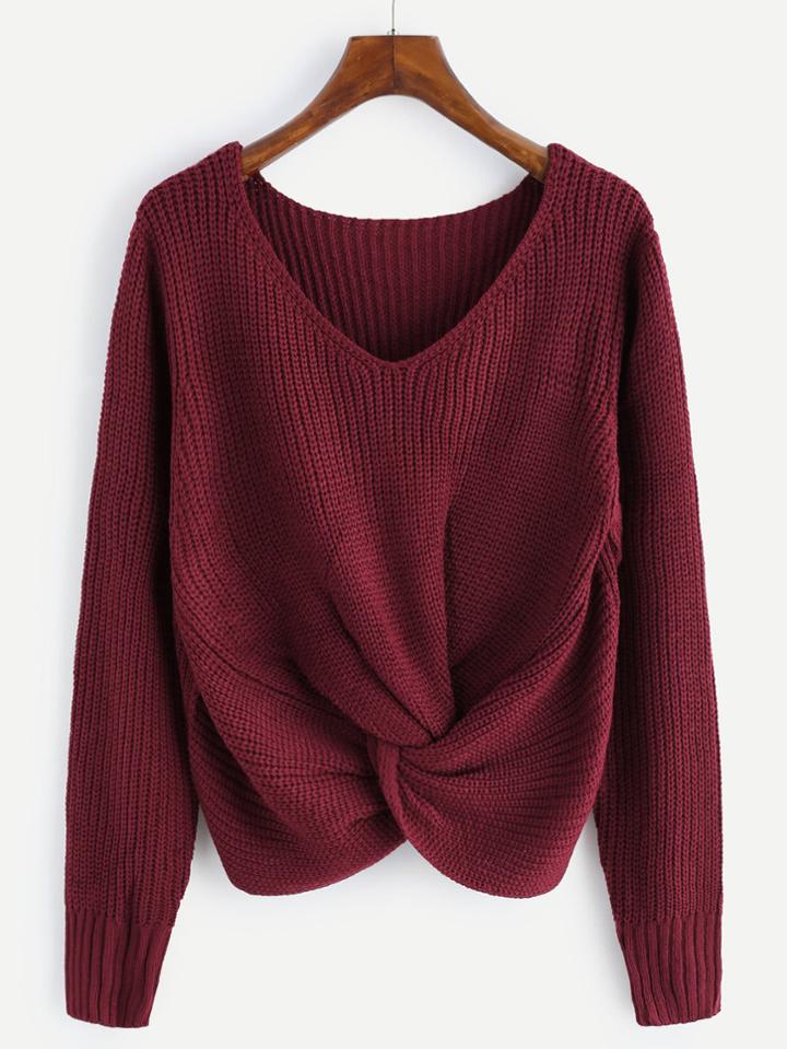 Romwe V-neckline Twist Front Chunky Sweater