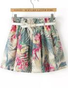 Romwe Green Elastic Waist Floral Skirt