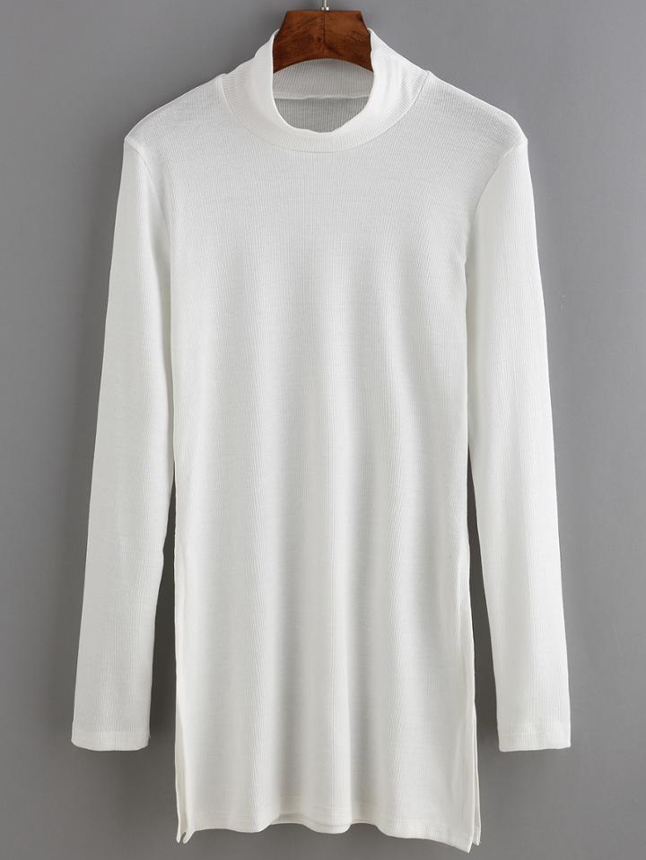 Romwe White High Neck Split Knitwear