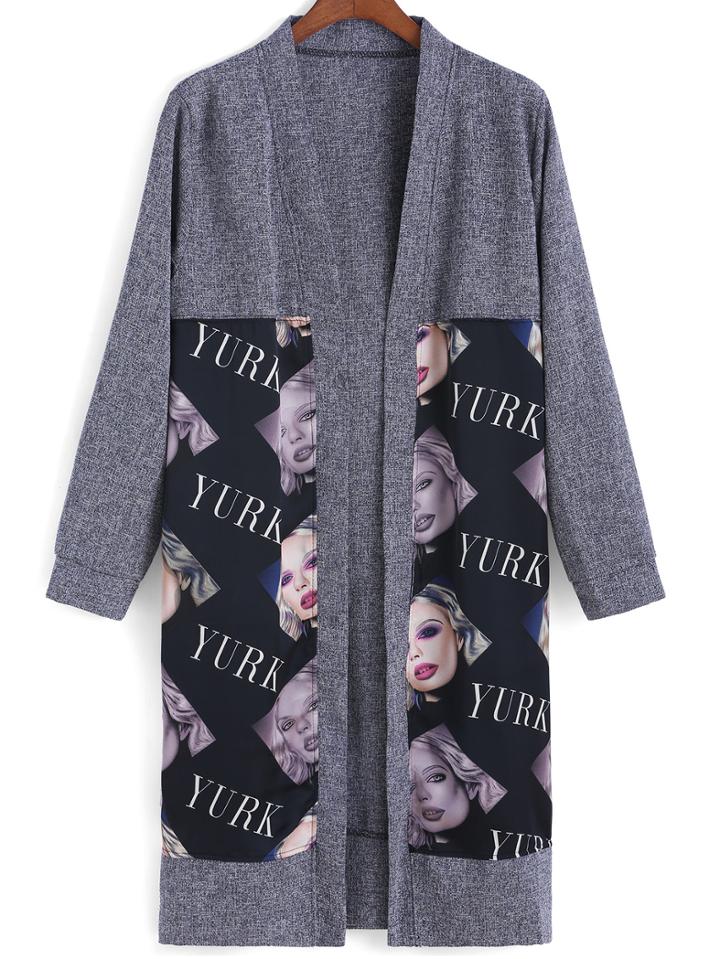 Romwe Contrast Chiffon Letter Beauty Print Coat