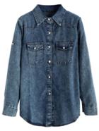 Romwe Navy Pockets Stone Wash Denim Blouse
