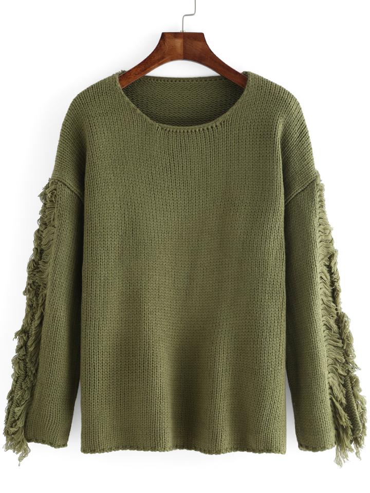 Romwe Women Fringe Loose Green Sweater