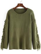 Romwe Women Fringe Loose Green Sweater