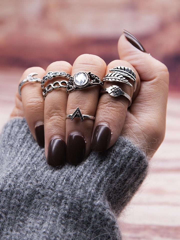 Romwe Leaf & Moon Design Ring Set 7pcs