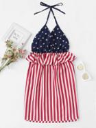 Romwe Ruffle Trim Open Back Striped Dress