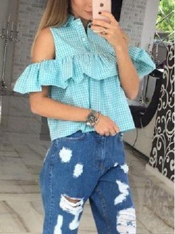 Romwe Blue Checkerboard Button Front Ruffle Blouse