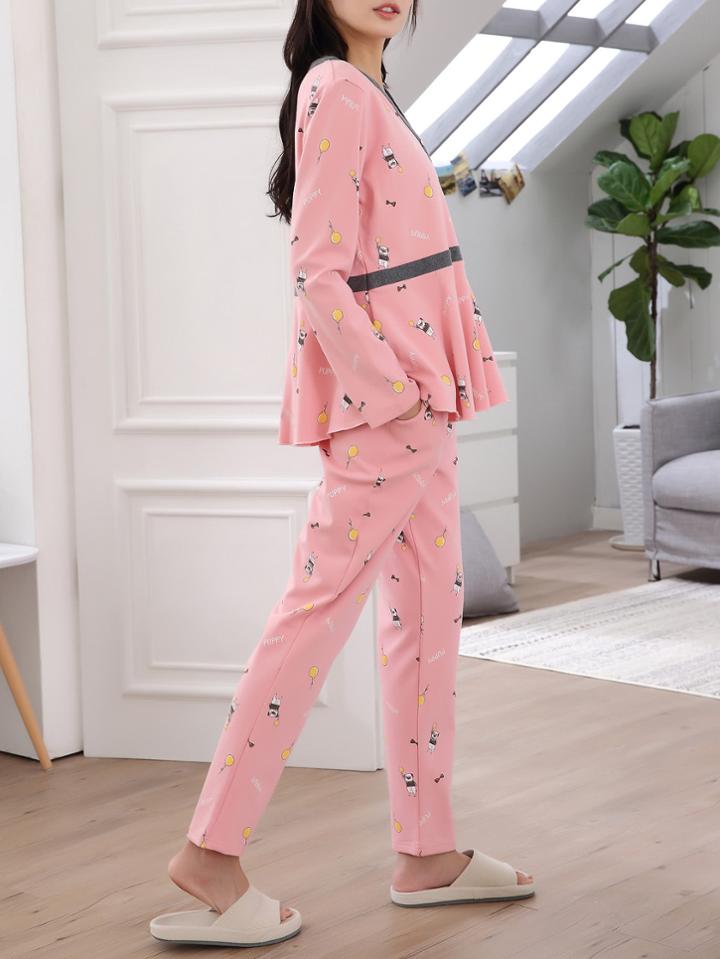 Romwe Cartoon Print Pep Hem Shirt & Pants Pj Set