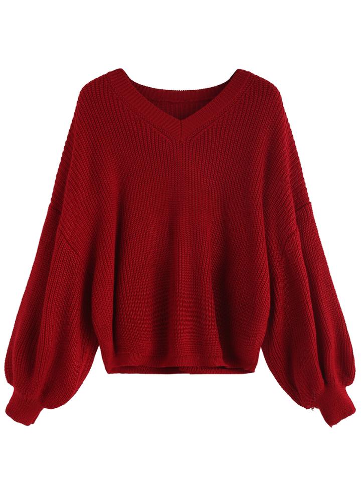 Romwe Red V Neck Dip Hem Seam Sweater