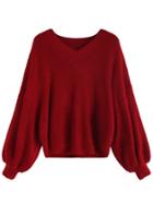 Romwe Red V Neck Dip Hem Seam Sweater