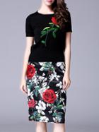Romwe Black Knit Rose Embroidered Bodycon Two Pieces Dress