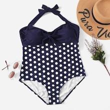 Romwe Plus Polka Dot Bow Tie Front One Piece Swimsuit