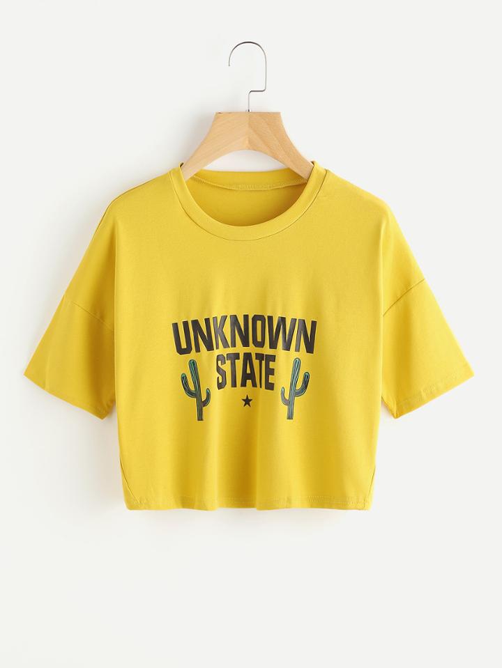 Romwe Cactus And Slogan Print Tee