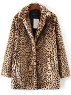 Romwe Leopard Button Up Faux Fur Coat
