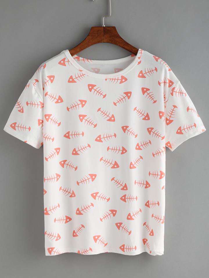 Romwe Allover Fishbone Print T-shirt