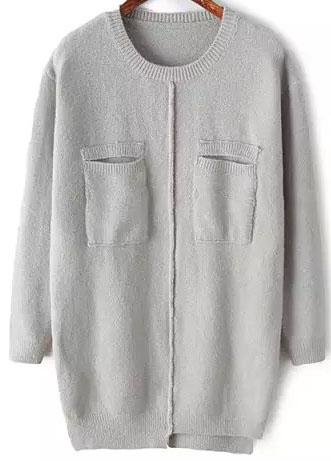 Romwe Pockets Loose Grey Sweater