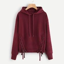 Romwe Plus Lace Up Solid Hooded Sweatshirt