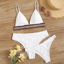 Romwe Striped Tape Triangle Bikini Set 3pack