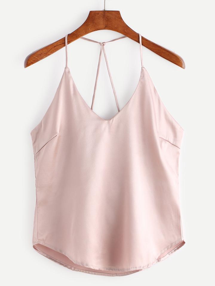 Romwe Pink Strappy Back Detail Curved Hem Cami Top